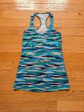 Lululemon Seven Wonders Blue Green Stripes Multi Print Cool Racer Back Tank Vtg